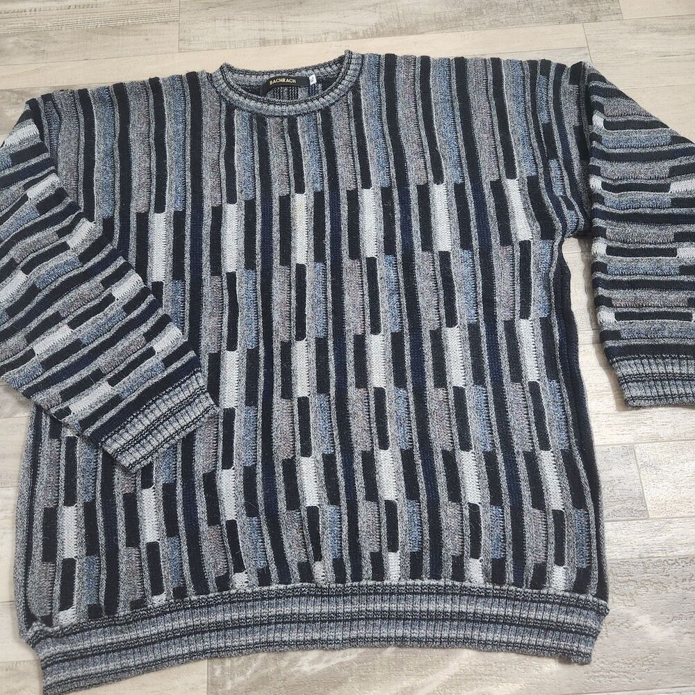 Bachrach Sweater XL Mens Geometric Abstract 3D Knit Blue Grey Slouchy Vintage 90